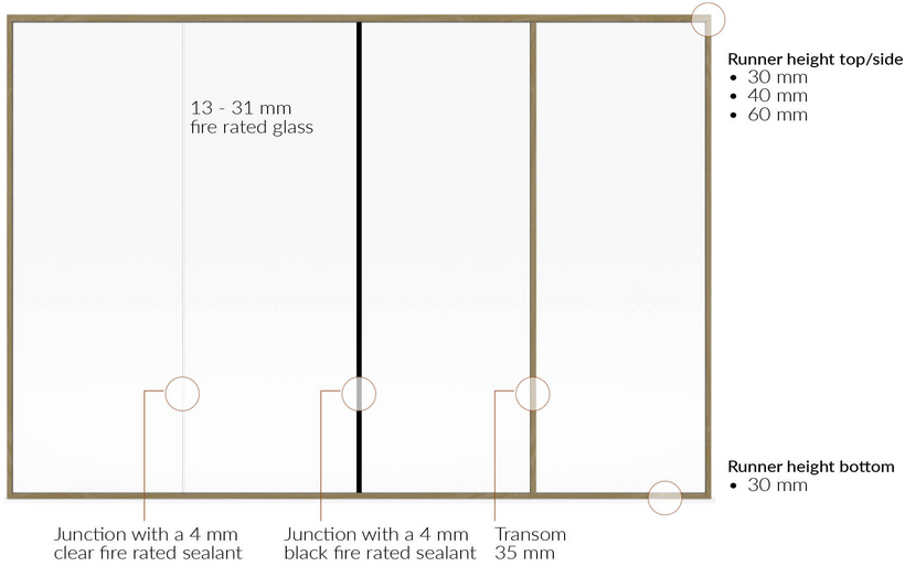 glazed wall. Slim runners and doorframe in oak wood. Fire classification up to EI 60.