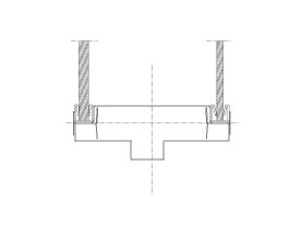 Vertical section Flexica. 100 mm wall. Joint between double glass module and steel frame for glass door.