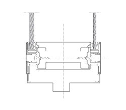 Vertical section Flexica Line. 100 mm wall. Joint between steel door frame and two double glass modules.