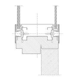Vertical section Flexica Line. 100 mm wall. Joint between steel-covered wooden door frame and two double glass modules.