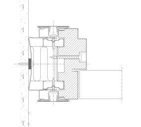 Horizontal section Flexica Line. 100 mm wall. Steel-capped wooden frame E30 with solid door. 10-20 mm recess.
