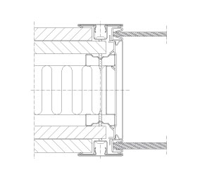 Horizontal section Flexica Line. Module joint in 125 mm wall between plasterboard and double glass module.