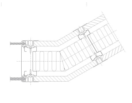 Vandret snit Flexica. 30° stålbelagt hjørnesamling i 100 mm væg mellem gips- og dobbelt glasmodul.