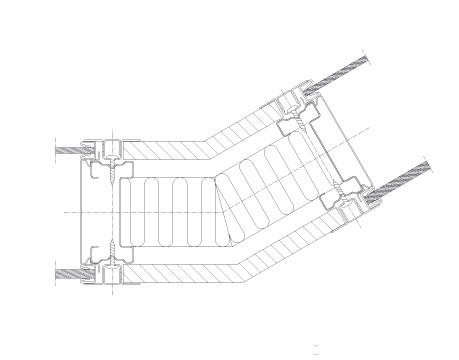 Horizontal section Flexica. 30° steel-covered corner joint in 100 mm wall between two double glass modules.