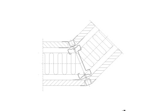 Horizontal section Flexica. 45° corner joint with omega section between two plasterboard modules.