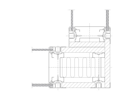 Horizontal section Flexica. 90° corner joint with F section in 100 mm wall between two double glass modules.