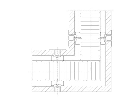 Horizontal section Flexica. 90° steel-covered corner joint in 100 mm wall between two plasterboard modules.