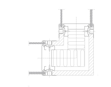 Horizontal section Flexica. 90° steel-covered corner joint in 100 mm wall between two double glass modules.