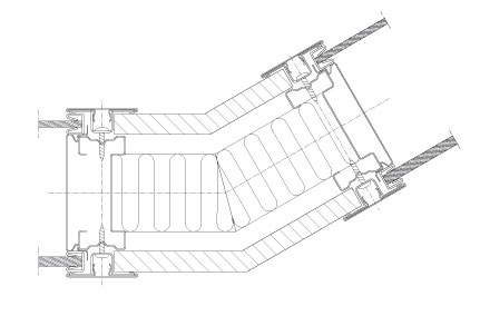 Horizontal section Flexica Line. 30° steel-covered corner joint in 100 mm wall between two double glass modules.