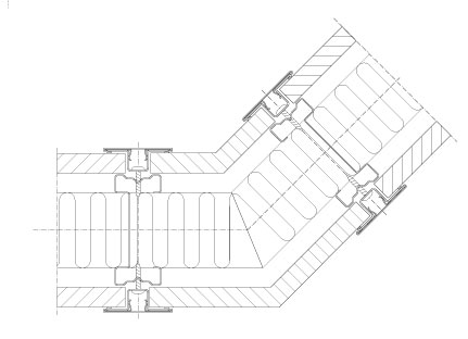 Horizontal section Flexica Line. 45° steel-covered corner joint between two plasterboard modules.