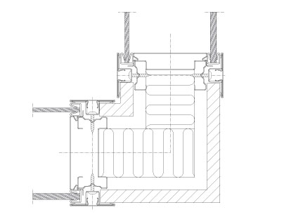 Vandret snit Flexica Line. 90° stålbelagt hjørnesamling i 100 mm væg mellem 2 dobbelte glasmoduler.
