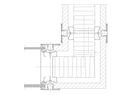 Horizontal section Flexica Line. 90° steel-covered corner joint in 100 mm wall between plaster and double glass modules.