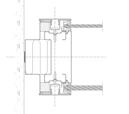 Horizontal section Flexica Line. Joint to wall. 100 mm double glass wall with wooden strips and joint section.