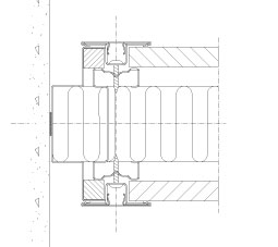 Horizontal section Flexica Line. Joint to wall. 100 mm plasterboard wall with wooden strips and joint section.