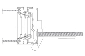 Horizontal section Flexica Line. Horizontal joint in 100 mm wall between double glass module and steel frame with glass door.