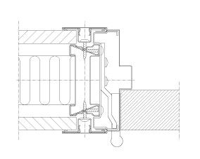 Horizontal section Flexica Line. Horizontal joint in 100 mm wall between plasterboard module and steel frame with solid door.