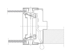 Horizontal section Flexica Line. Horizontal joint in 100 mm wall between double glass module and steel frame with solid door.