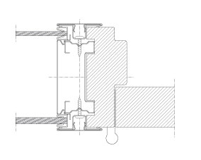 Horizontal section Flexica Line. Horizontal joint in 100 mm wall between double glass module and wooden frame with solid door.