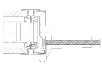 Horizontal section Flexica Line. Horizontal joint in 100 mm wall between plasterboard module and steel frame with glass door.