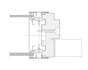 Horizontal section Flexica Line. Horizontal joint in 100 mm wall between double glass module and steel-covered wooden frame with solid door.