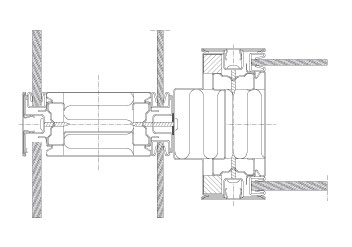 Horizontal T joint Flexica Line. Joint in 2 x 100 mm wall between two double glass modules with wooden strips and joint section.