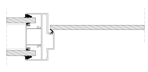 Door solution with striking-plate side. Horizontal section. Glass door.